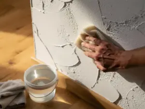Ambachtsman die een vers gepleisterde witte muur afveegt met een vochtige spons, fijn stucwerk in warm middaglicht.