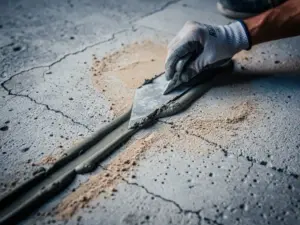 Vakman die cementmortel in een dilatatievoeg op een ruw betonoppervlak aandrukt met een truweel.