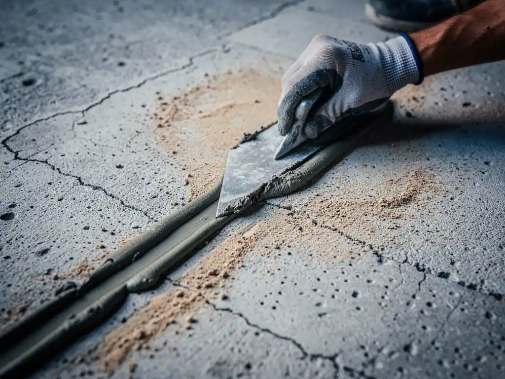 Vakman die cementmortel in een dilatatievoeg op een ruw betonoppervlak aandrukt met een truweel.