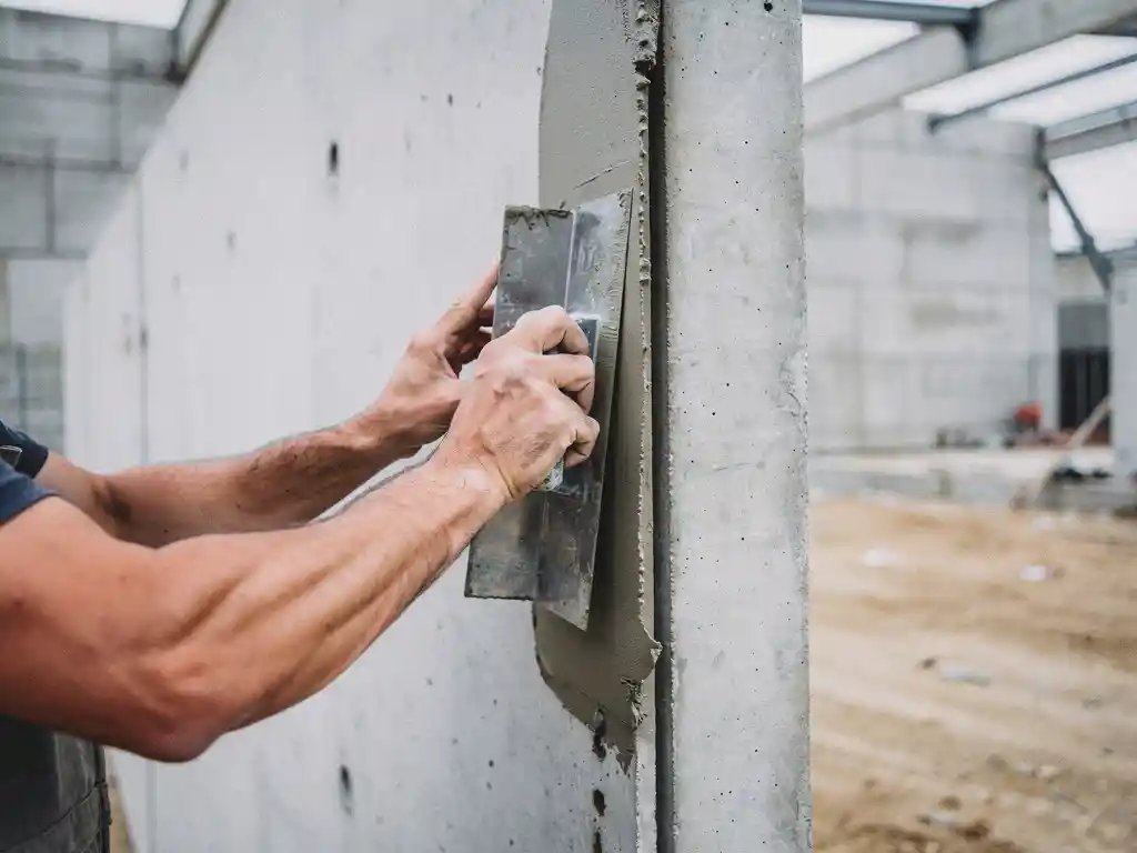 Vakman die grijze afwerkspecie aanbrengt in de voeg tussen twee prefab betonpanelen met een troffel.