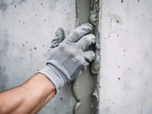 Gehandschoende hand die grijze kit aanbrengt in de voeg tussen twee prefab betonpanelen op een bouwplaats.