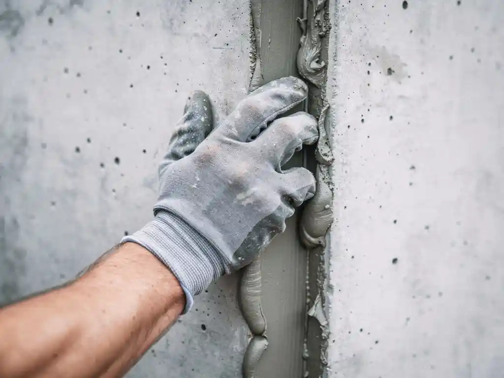 Gehandschoende hand die grijze kit aanbrengt in de voeg tussen twee prefab betonpanelen op een bouwplaats.