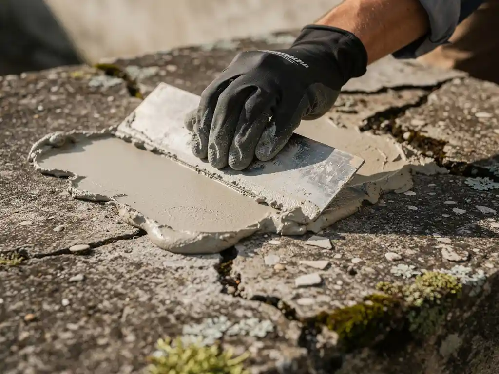 Gehandschoende hand die reparatiemortel aanbrengt op verweerd beton, met mos langs de randen en een herstelde patch in natuurlijk zijlicht.