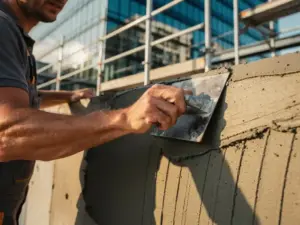 Vakman die vers beton gladstrijkt op een gevel in de Randstad, troffel tegen gerepareerd betonoppervlak, steigers en glazen stadsgezicht op achtergrond.