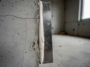 Pleistertroffel die witte afwerkingsmassa aanbrengt op een naad tussen twee prefab betonpanelen, met fijne haarscheurtjes in het ruwe beton.