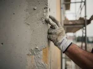 Vakman in werkhandschoenen inspecteert hersteld betonoppervlak op gevelwand, vingers tasten textuurverschil tussen oud en nieuw beton af.