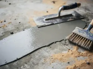 Gladgestreken betonreparatie met pleistertroffel en afdichtingskwast op een werkvloer, gefotografeerd in diffuus daglicht.