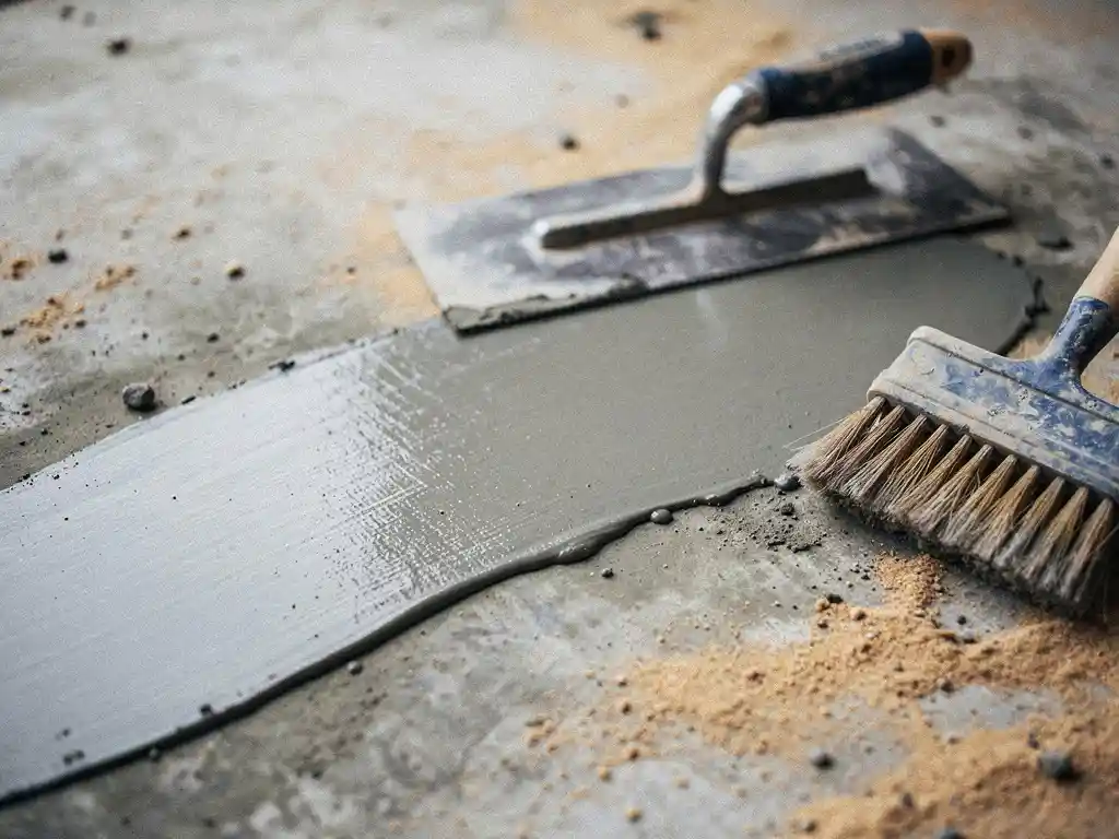 Gladgestreken betonreparatie met pleistertroffel en afdichtingskwast op een werkvloer, gefotografeerd in diffuus daglicht.