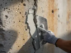 Metselaar die reparatiemortel in een scheur van verweerd beton aanbrengt en gladstrijkt met een stalen spatel.