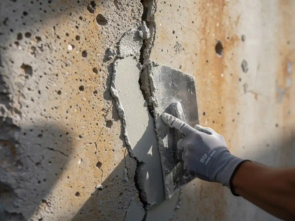 Metselaar die reparatiemortel in een scheur van verweerd beton aanbrengt en gladstrijkt met een stalen spatel.