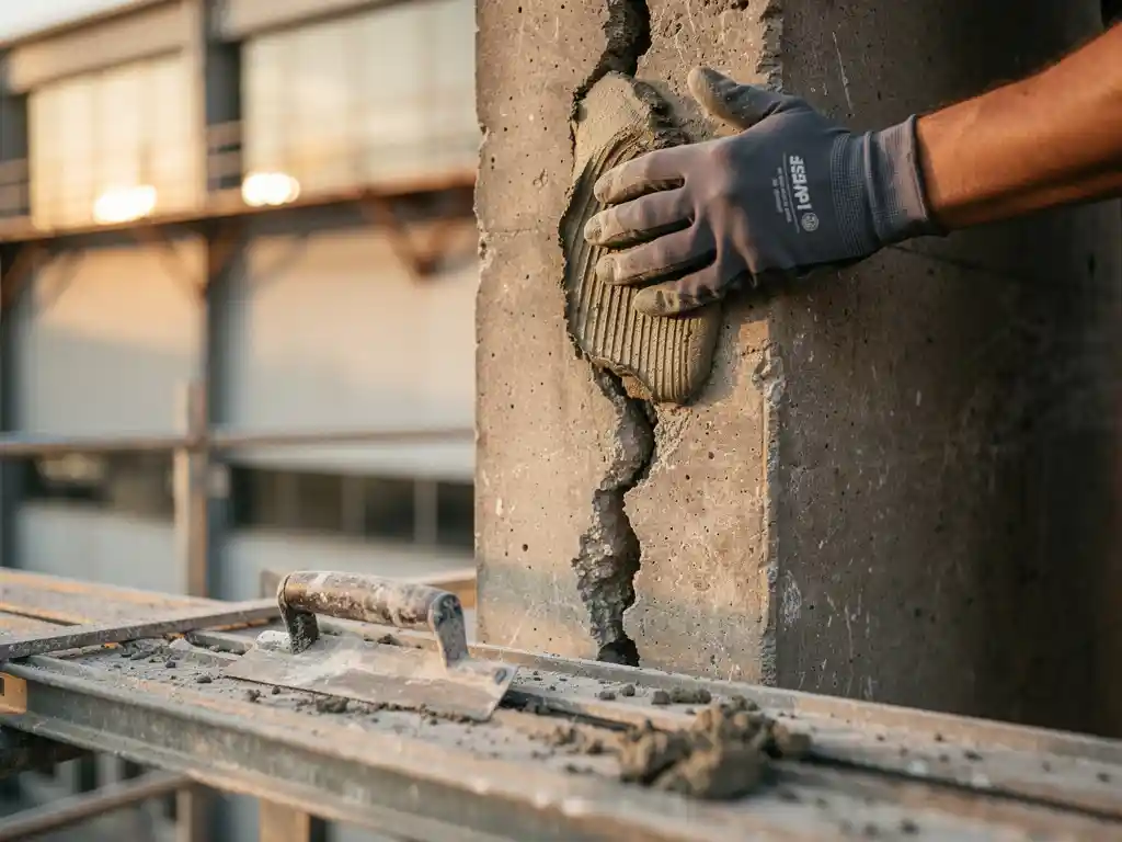 Handschoen hand die grijze betonmortel in een diepe scheur van een verweerde betonnen kolom drukt, steigers op de achtergrond.