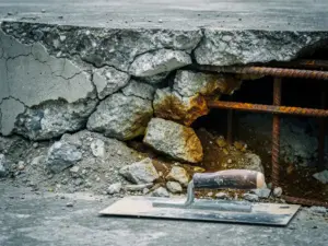 Verweerd betonoppervlak met diepe scheuren, afspattend beton, roestig wapeningsstaal en een pleisterspaan op de rand.