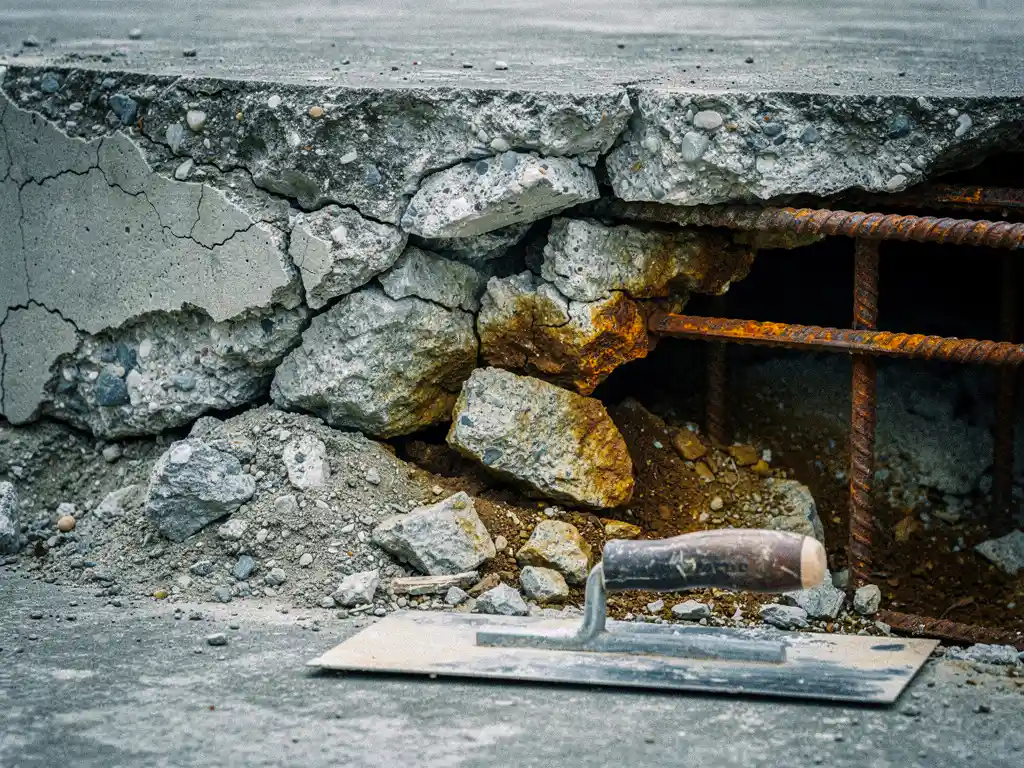 Verweerd betonoppervlak met diepe scheuren, afspattend beton, roestig wapeningsstaal en een pleisterspaan op de rand.