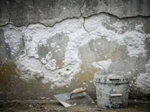 Betonwand met carbonatatieschade: grijze scheuren en kalkwitte vlekken op verweerd beton, met pleisterspaan en reparatiemortel aan de voet.