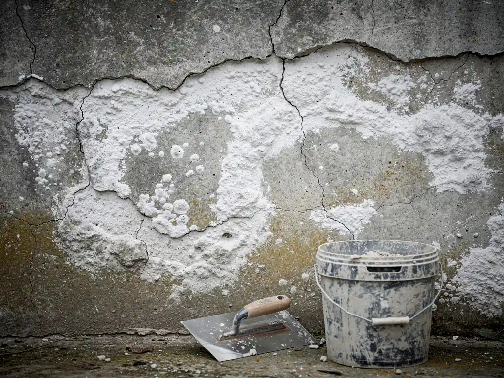 Betonwand met carbonatatieschade: grijze scheuren en kalkwitte vlekken op verweerd beton, met pleisterspaan en reparatiemortel aan de voet.