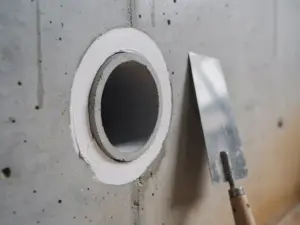 Cilindrische betonnen inbouwhuls in ruwe betonwand met pleistertroffel en witte afwerkingspleister rondom de opening.