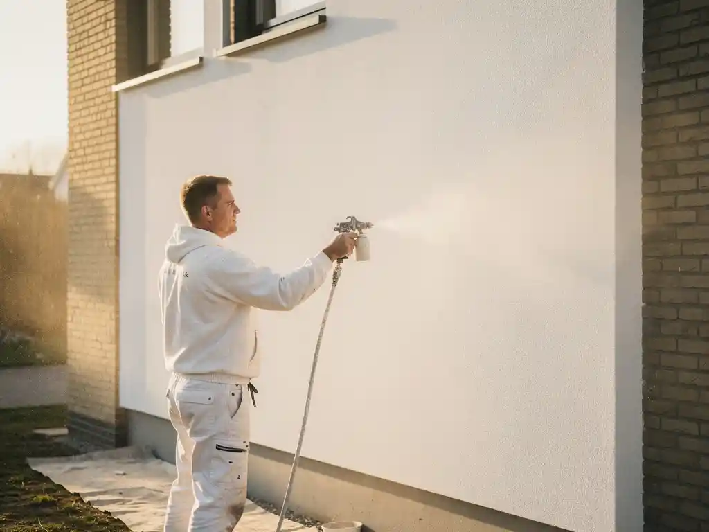 Stukadoor in witte werkkleding spuit glad stucwerk op moderne gevel in Den Haag, gouden middaglicht verlicht verfnevel.