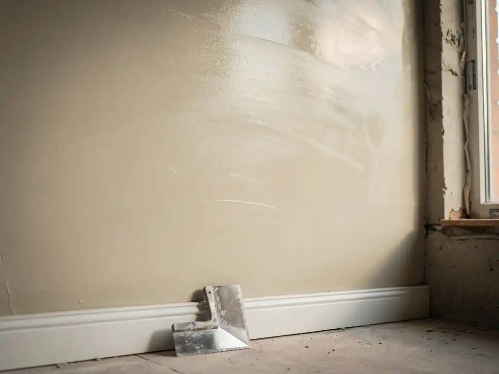 Vers gepleisterde binnenmuur in nieuwbouwwoning met gladde natte stuclaag, troffel tegen de plint, natuurlijk daglicht door raamopening.