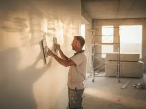 Vakman die verse pleisterlaag aanbrengt op binnenmuur van nieuwbouwappartement, met stellage en gipsplaten op achtergrond.