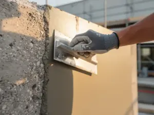 Gehandschoende hand die met een staalspaan een gladde cementlaag aanbrengt op een prefab betonpaneel op een bouwplaats.