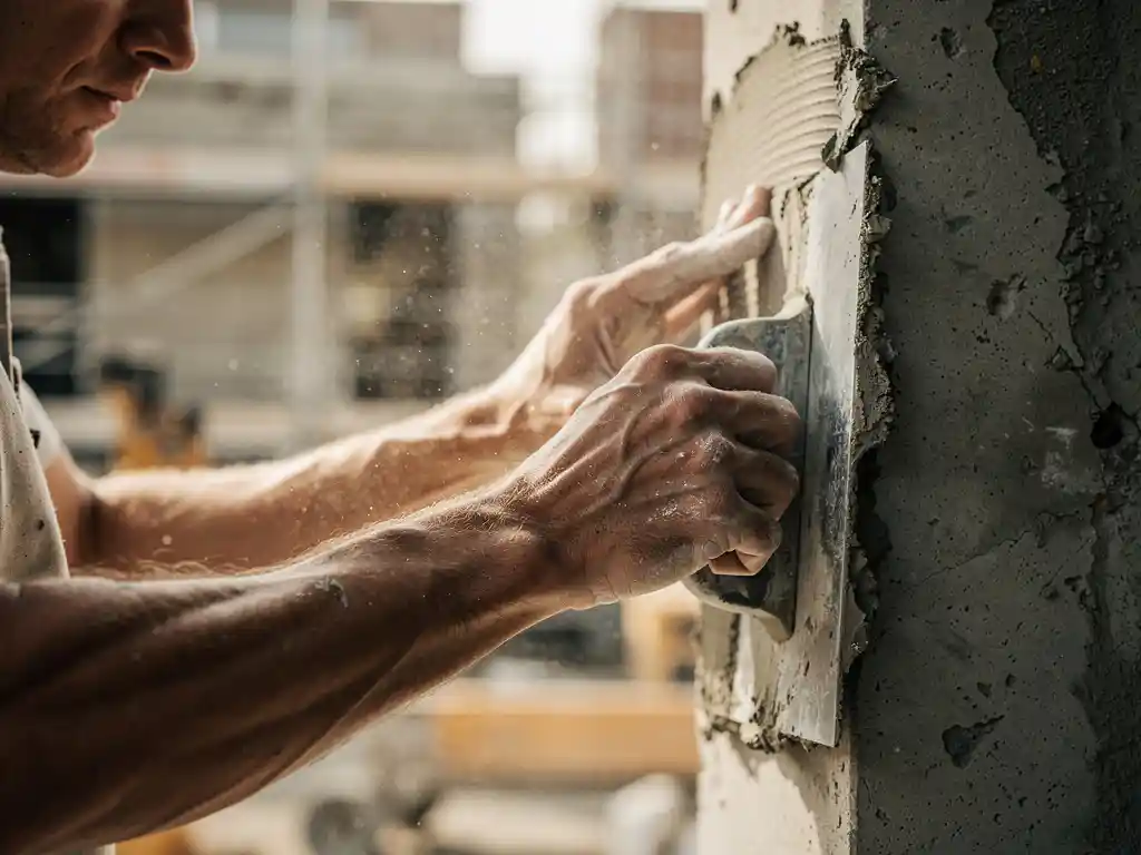 Vakman die cementreparatiemortel aanbrengt op verweerde betonnen muur met metselspaan, Nederlandse bouwplaats op achtergrond.