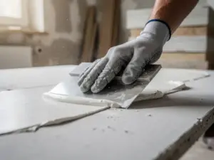 Gehandschoende hand die witte afwerkingspleister aanbrengt op een Fermacell-plaat met een brede spatel, fijn stof zichtbaar in de lucht.