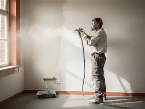 Vakman spuit glad wit pleisterwerk op een vers bepleisterde woonmuur in een Nederlands interieur, verfroller en bak op de voorgrond.