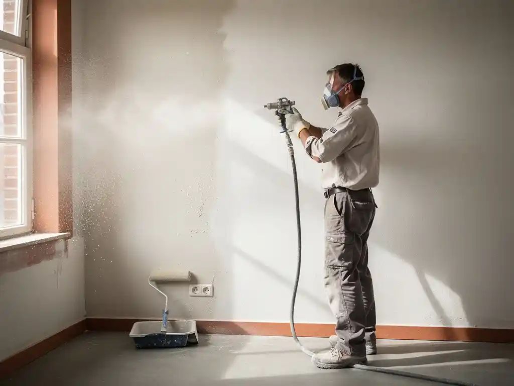 Vakman spuit glad wit pleisterwerk op een vers bepleisterde woonmuur in een Nederlands interieur, verfroller en bak op de voorgrond.