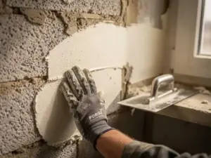Gehandschoende hand die verse witte stucco aanbrengt op een Poriso-betonblokwand met een roestvrijstalen spatel en hawk board.