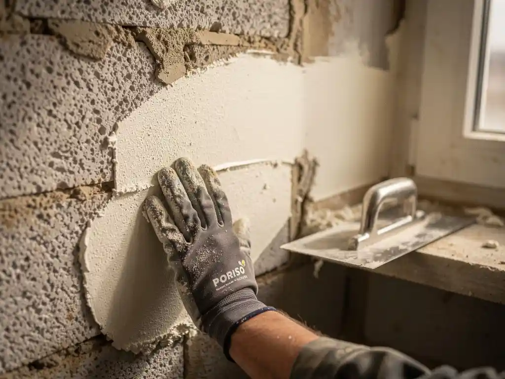 Gehandschoende hand die verse witte stucco aanbrengt op een Poriso-betonblokwand met een roestvrijstalen spatel en hawk board.