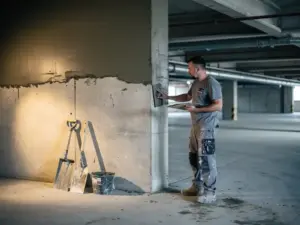 Stukadoor brengt gladde cementpleister aan op betonnen kolom in parkeergarage, warme werklamp verlicht ruwe industriële omgeving.