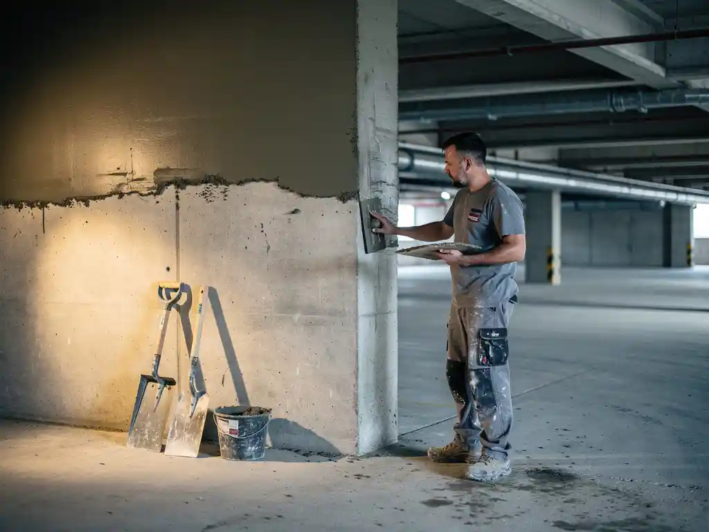 Stukadoor brengt gladde cementpleister aan op betonnen kolom in parkeergarage, warme werklamp verlicht ruwe industriële omgeving.