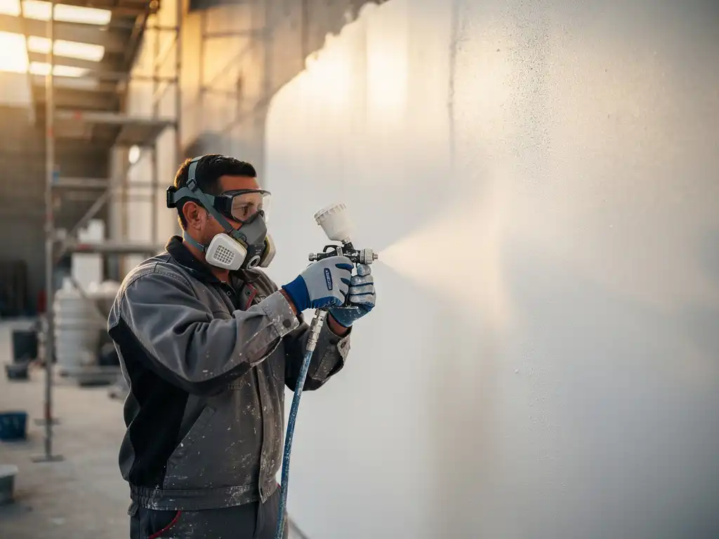 Vakman spuit wit pleister op gladde muur met hogedruкspuitpistool, steigers op achtergrond in industrieel interieur.