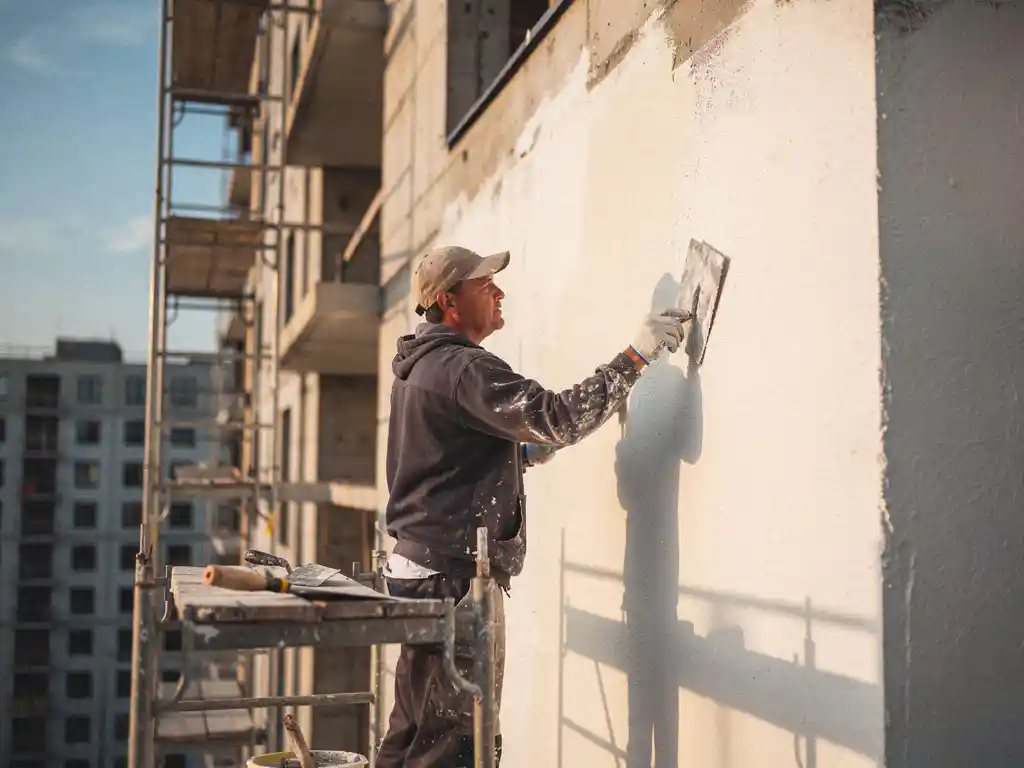 Stukadoor brengt glad wit stucco aan op betonnen gevel van nieuwbouw appartementencomplex, steigers zichtbaar in middagzon.