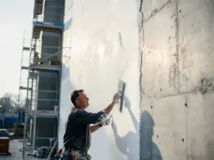 Stukadoor die witte stucco aanbrengt op een betonnen muur, met steigers op de achtergrond in ochtendlicht.