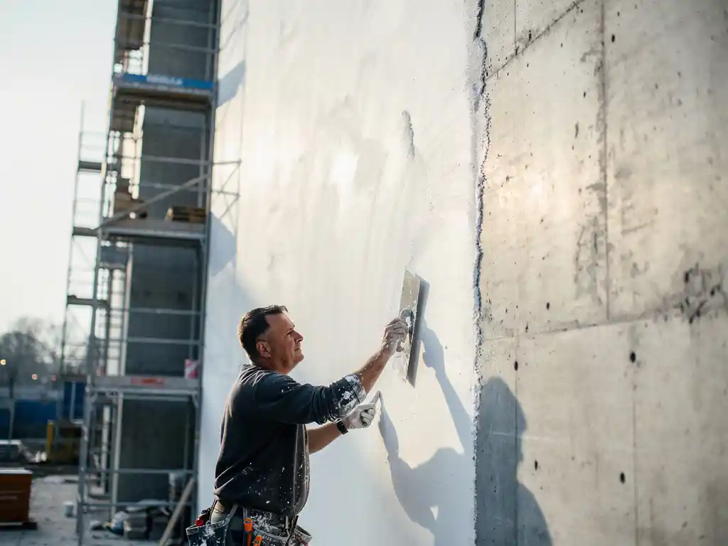 Stukadoor die witte stucco aanbrengt op een betonnen muur, met steigers op de achtergrond in ochtendlicht.