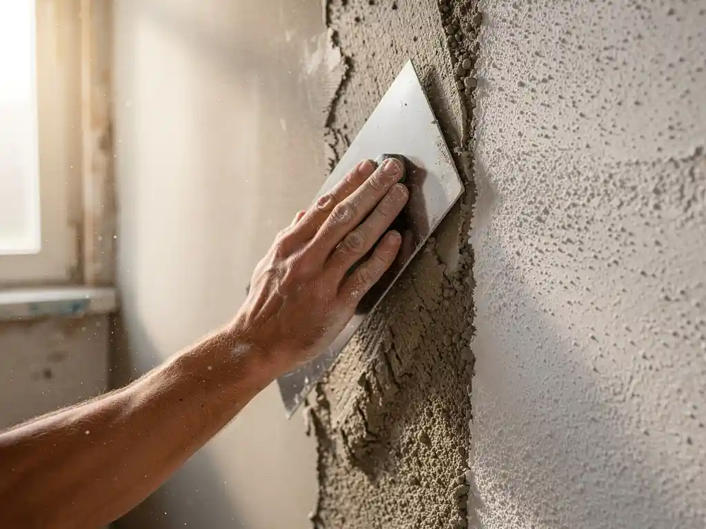 Pleisteraar die een spaan tegen een verse muur drukt, met drie stucwerkstructuren: glad pleister, ruw bepleistering en spuitpleister.