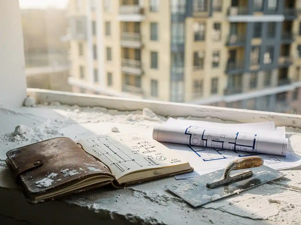Versleten leren notitieboek met projecttijdlijn op bepleisterd werkoppervlak, naast stalen spatel en bouwtekeningen, appartementengebouw op achtergrond.