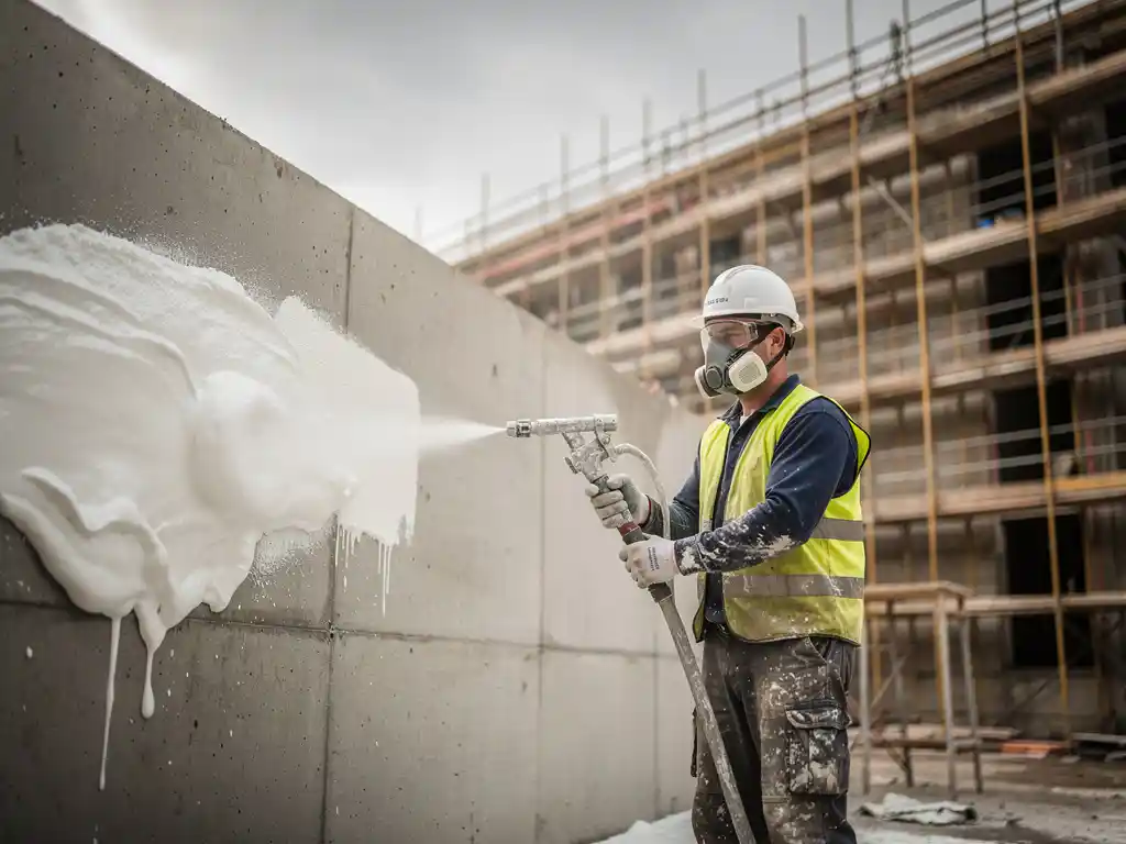 Vakman die met een spuitmachine een betonnen muur beplastert op een appartementencomplex in aanbouw, steigers op de achtergrond.
