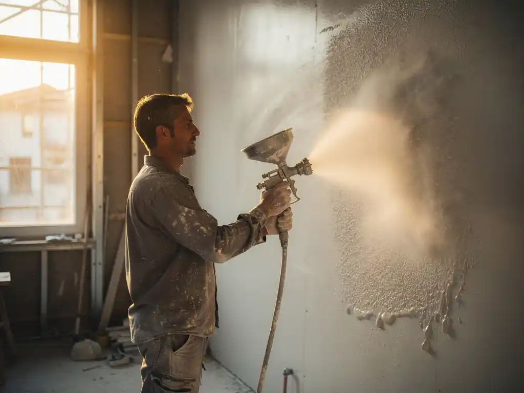 Vakman spuit witte stucpasta met een hopperkanon op een geprepareerde binnenmuur, gouden middaglicht verlicht de fijne nevel.