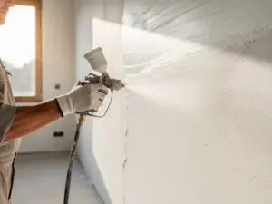 Vakman die witte spuitpleister aanbrengt op een muur met spuitpistool, fijne mistdeeltjes zichtbaar in Nederlands interieur met natuurlijk zijlicht.