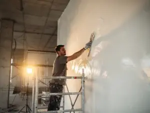 Stukadoor die natte witte stucco aanbrengt op hoge binnenmuur van onafgewerkt appartement, met steigers en betonnen kolommen op achtergrond.