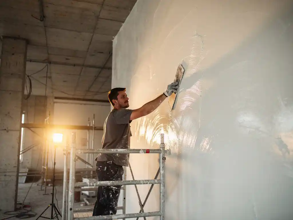 Stukadoor die natte witte stucco aanbrengt op hoge binnenmuur van onafgewerkt appartement, met steigers en betonnen kolommen op achtergrond.