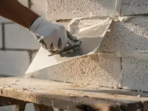Gehandschoende hand die verse witte stucco aanbrengt op een kalkzandstenen muur met een stalen afwerkspaan.