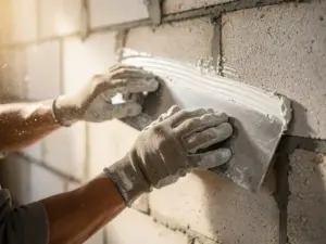 Gehandschoende handen die verse witte stucco aanbrengen op een kalkzandsteenblokwand met een stalen afwerkspaan.