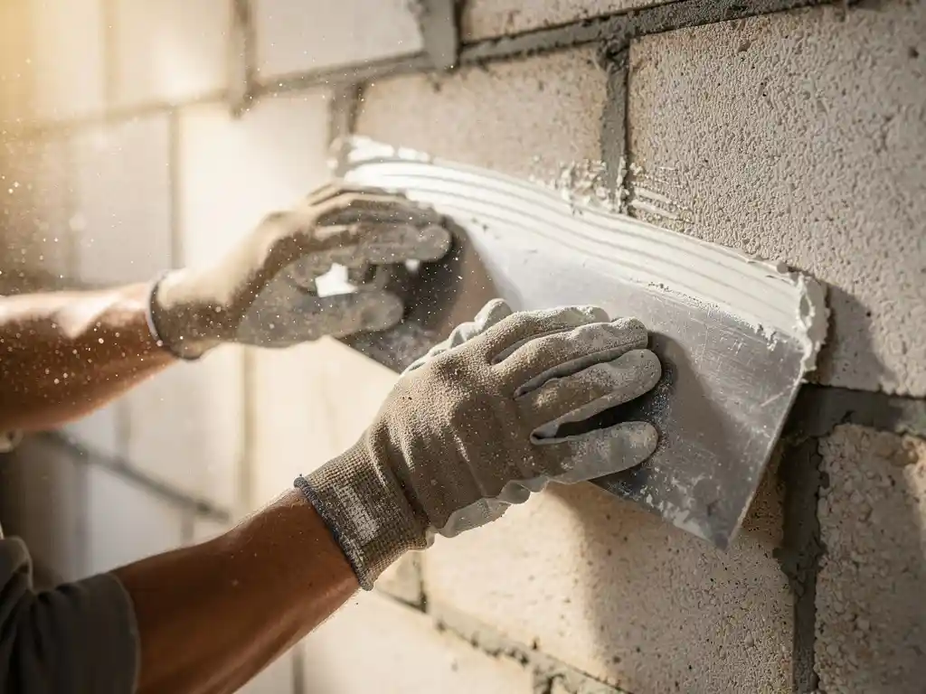 Gehandschoende handen die verse witte stucco aanbrengen op een kalkzandsteenblokwand met een stalen afwerkspaan.