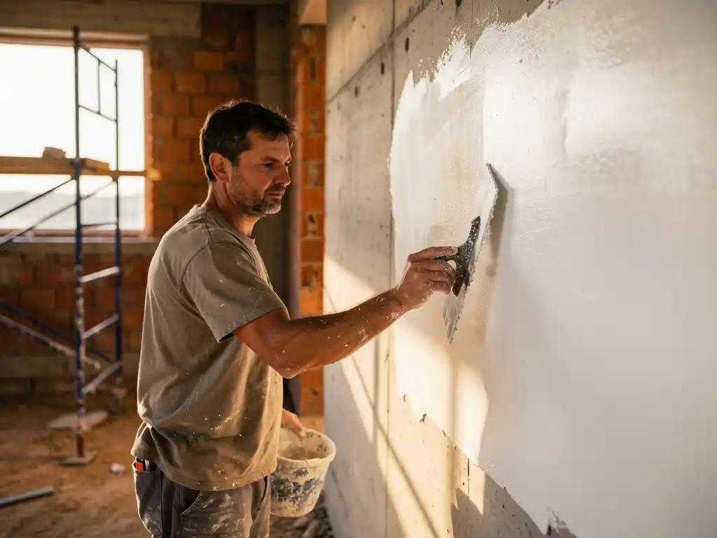 Stukadoor brengt witte stuclaag aan op betonnen muur in nieuwbouwwoning, met troffel, steigers en bakstenen op de achtergrond.