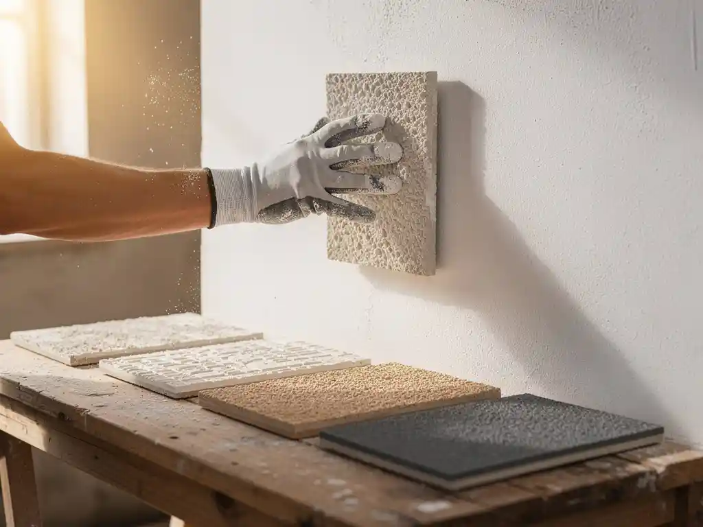 Gehandschoende hand die een stucco monster tegen een witte muur houdt, met verschillende textuurpanelen op een houten werkbank in warm daglicht.