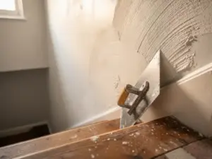 Metselspaan leunend tegen vers gepleisterde trapwand in smalle gang, warme zijverlichting benadrukt textuurdetail.
