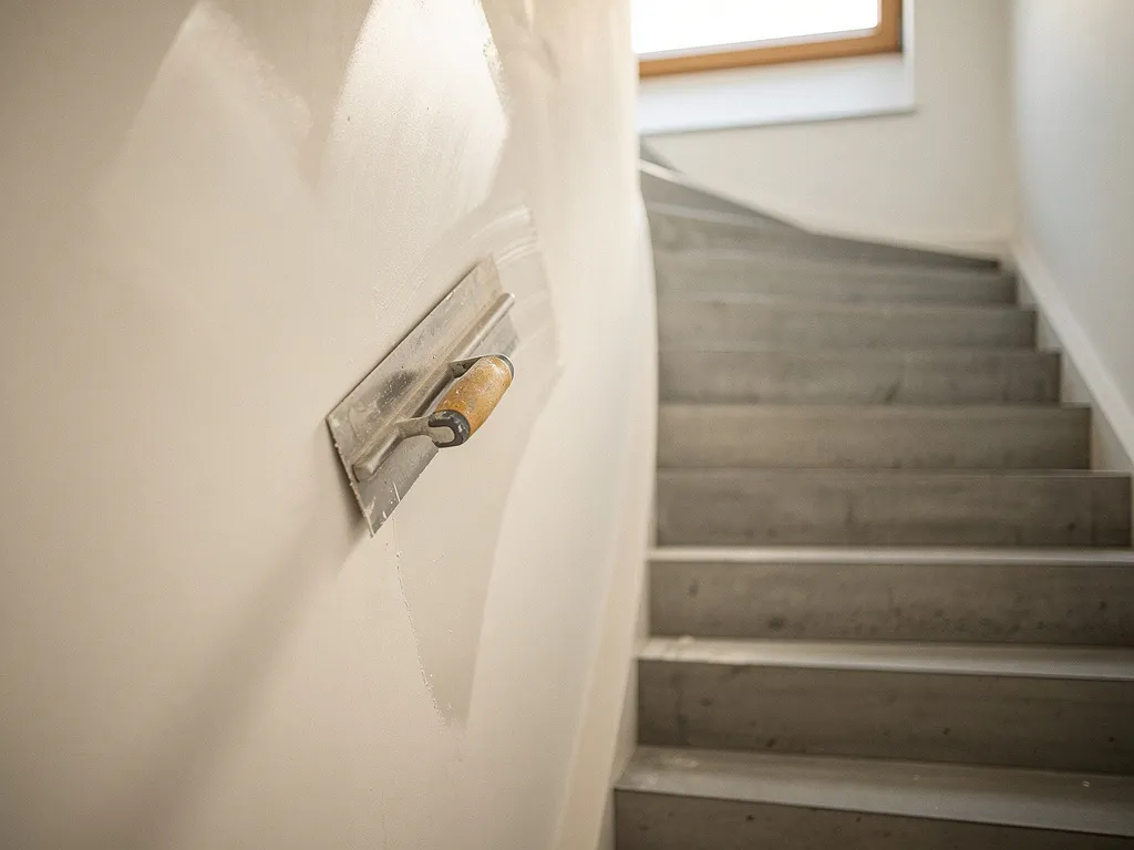 Pleistertroffel die witte kalkpleister aanbrengt op traphuismuur in modern Nederlands appartementengebouw, daglicht van bovenraam.